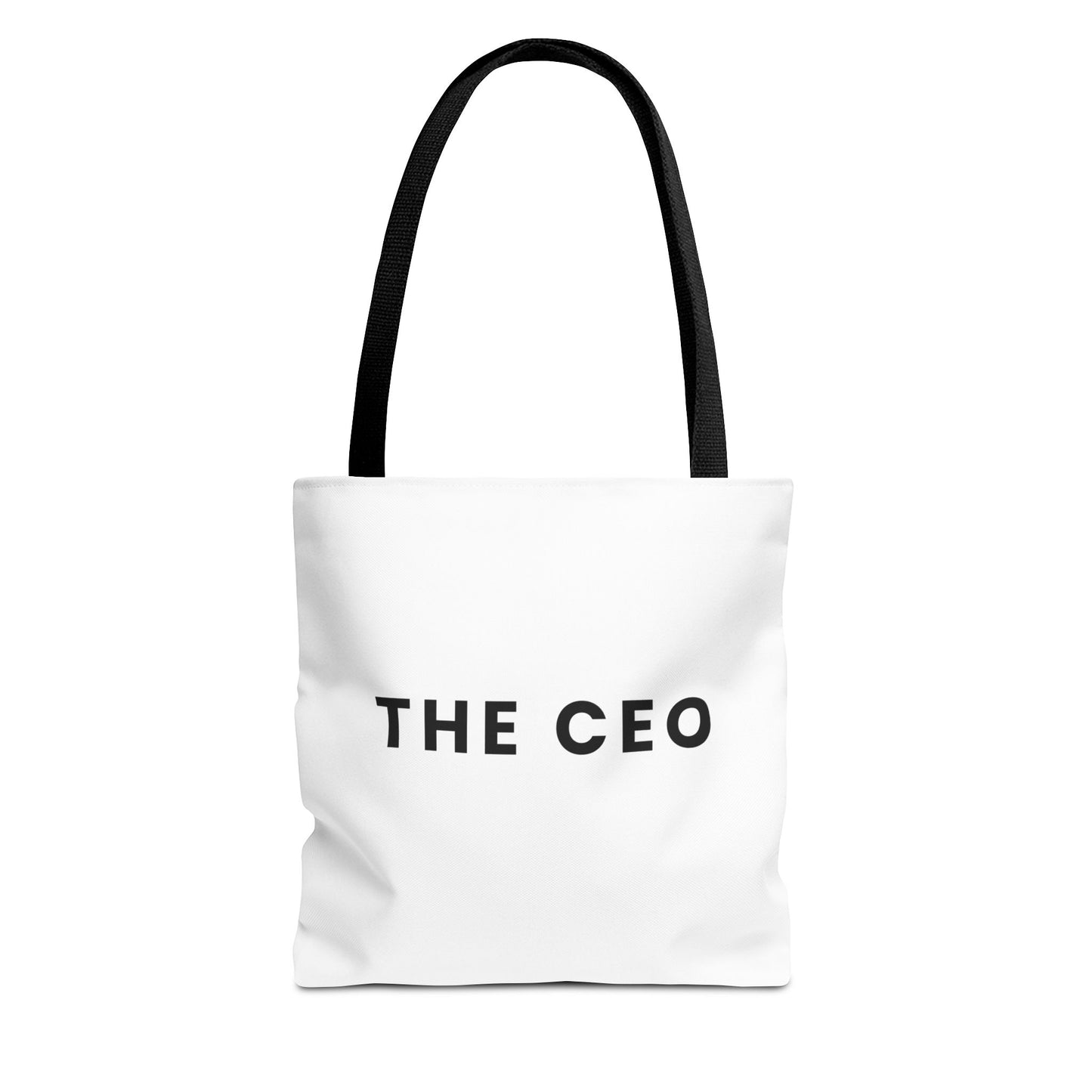 White tote bag with 'THE CEO' text and black handles on a white background