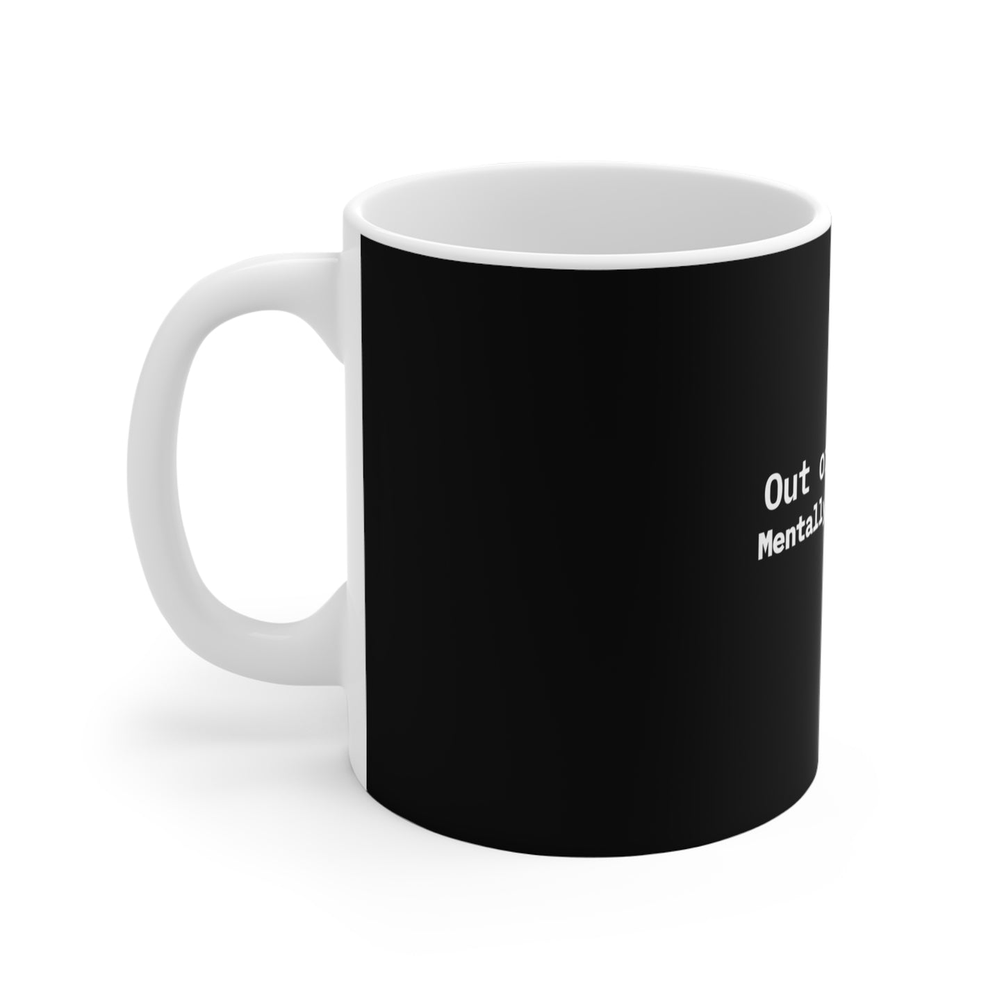 Black mug with white text on a white background