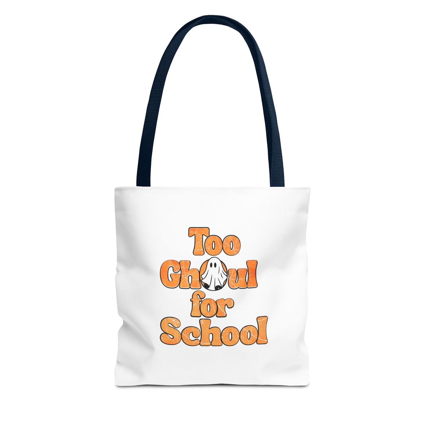 Tote bag with navy handle and text 'Too Ghoul for School' on a white background