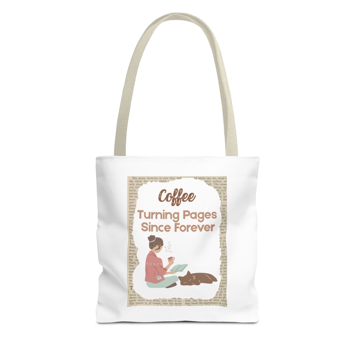 tote bag with beige handles has the design: Coffee: Turning Pages Since Forever