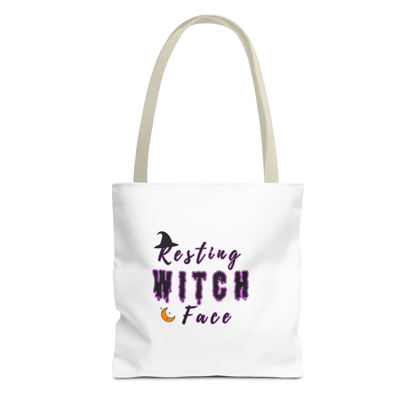 White tote bag with beige handle and 'Resting Witch Face' text on a white background