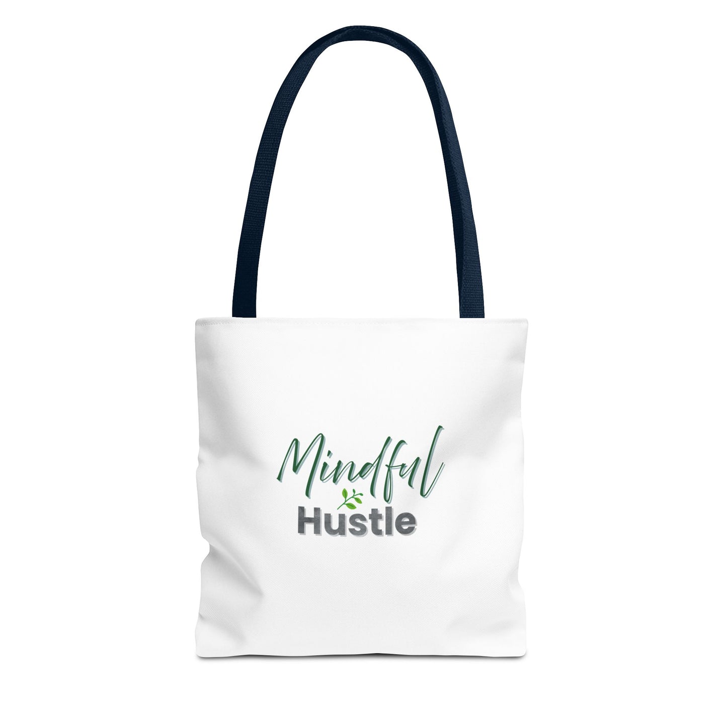 White tote bag with 'Mindful Hustle' text and navy handles on a white background