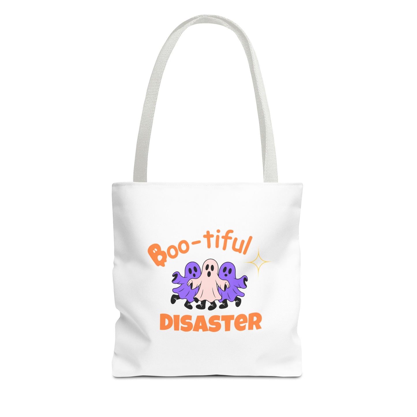 White tote bag with white handle and text 'Boo-tiful Disaster' on a white background
