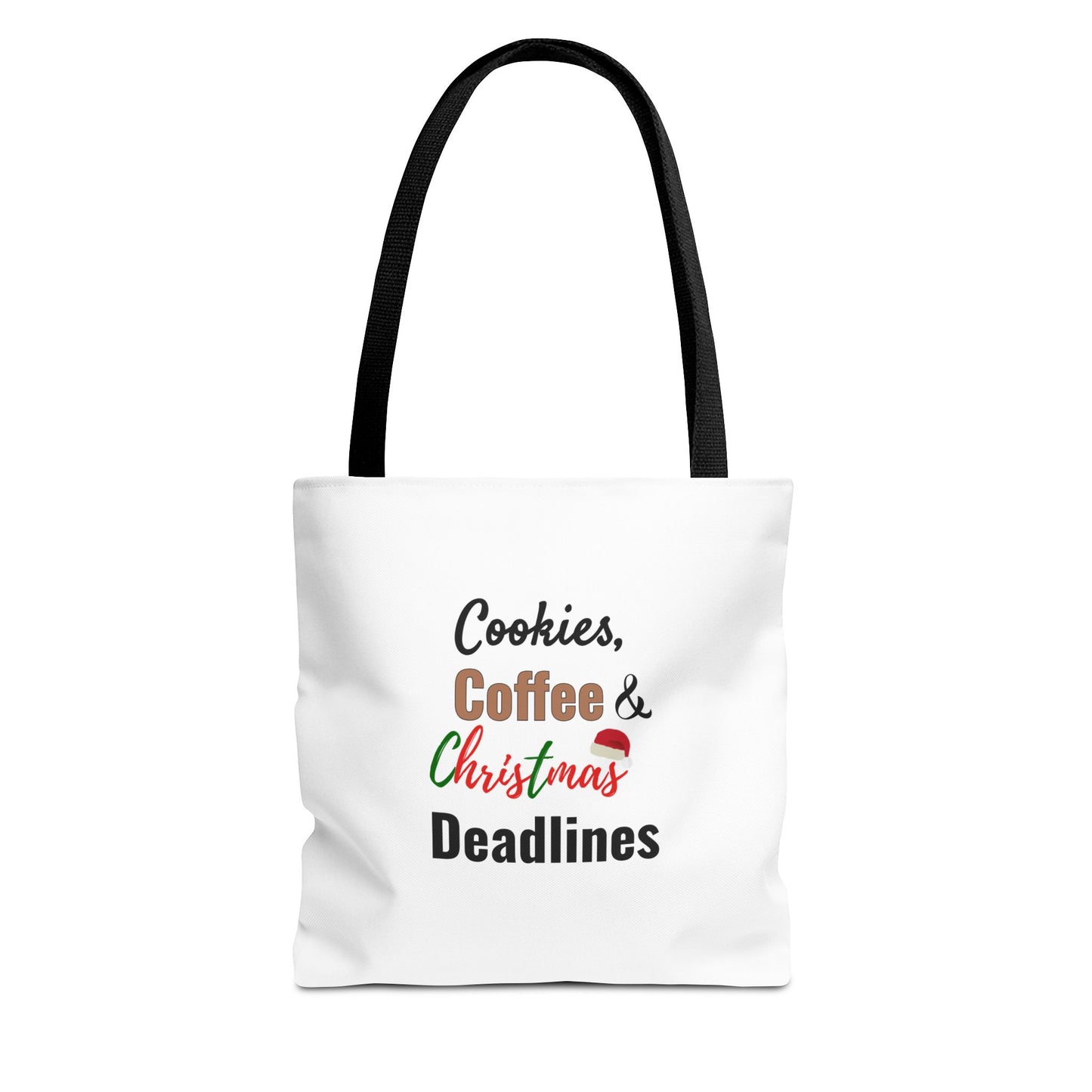 White tote bag with black handle and text 'Cookies, Coffee & Christmas Deadlines' on a white background