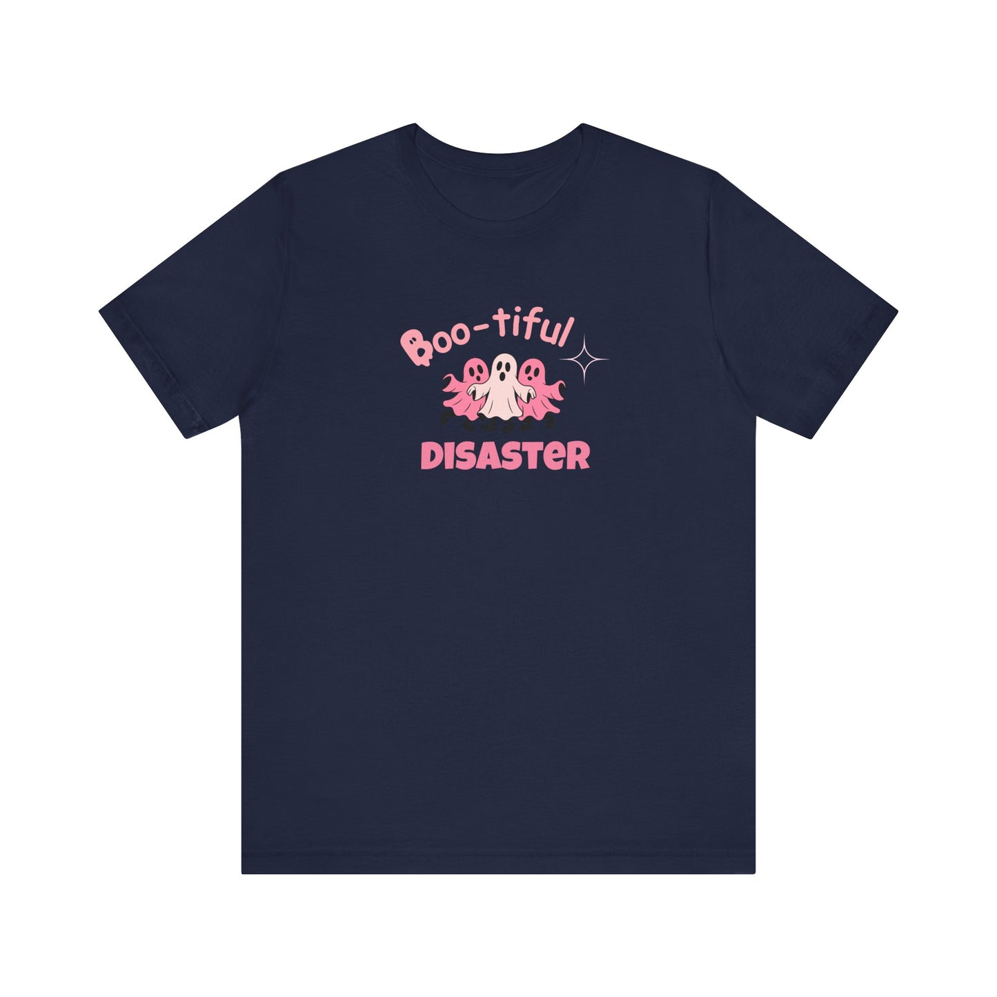 Navy blue t-shirt with text 'Boo-tiful Disaster' and ghost graphics on a white background