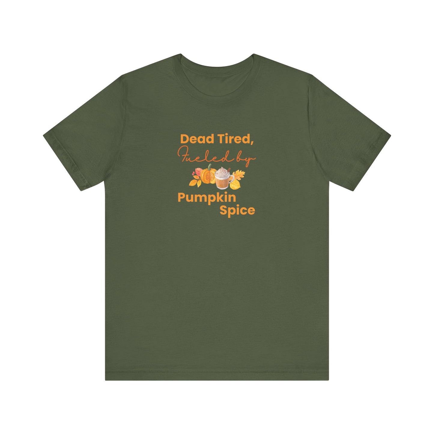 Green t-shirt with pumpkin spice-themed text and graphics on a white background