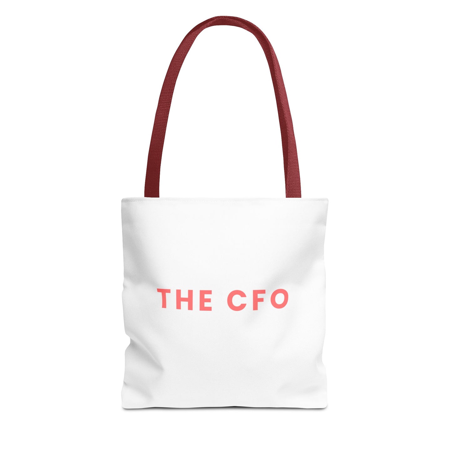 White tote bag with red handles and 'THE CFO' text on a white background