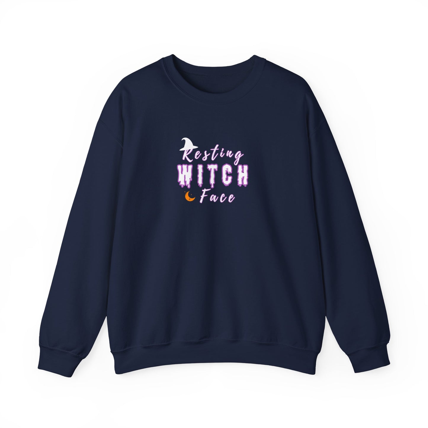 Navy blue sweatshirt with 'Resting Witch Face' text on a white background