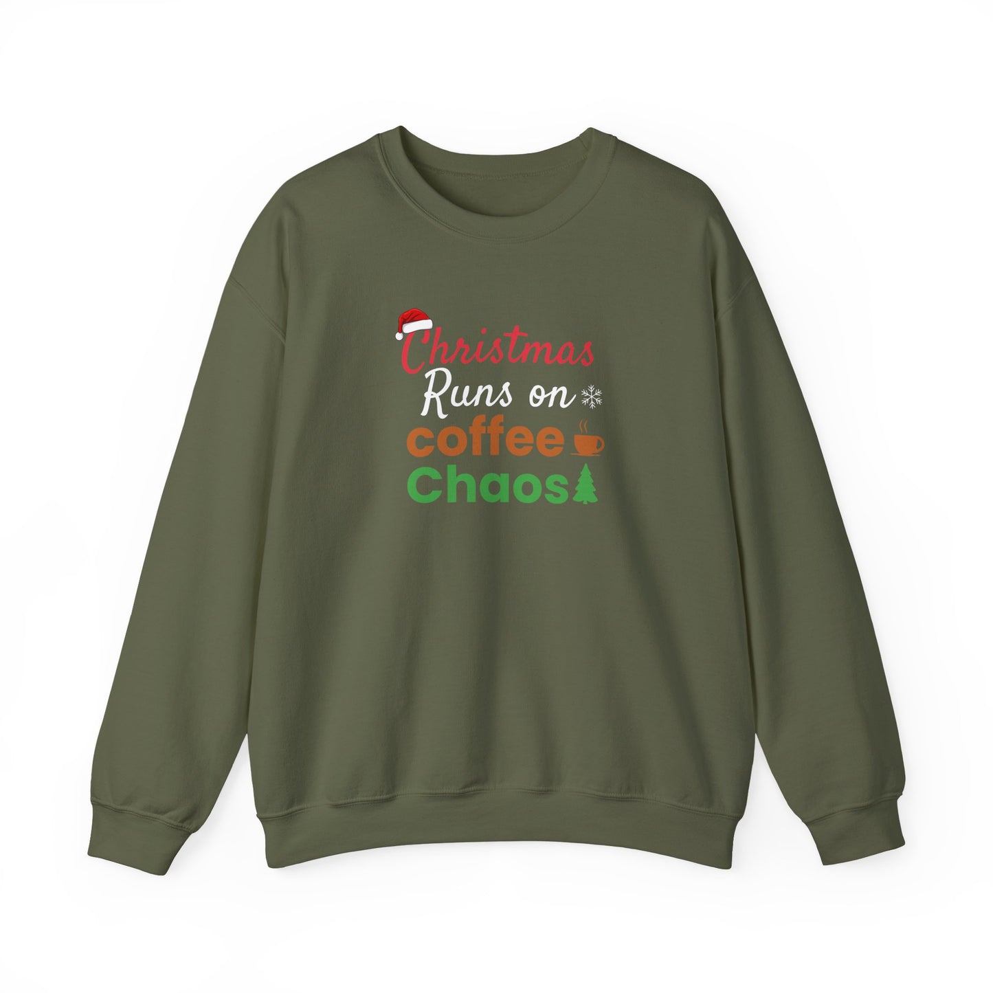 Green sweatshirt with text 'Christmas Runs on Coffee & Chaos' on a white background