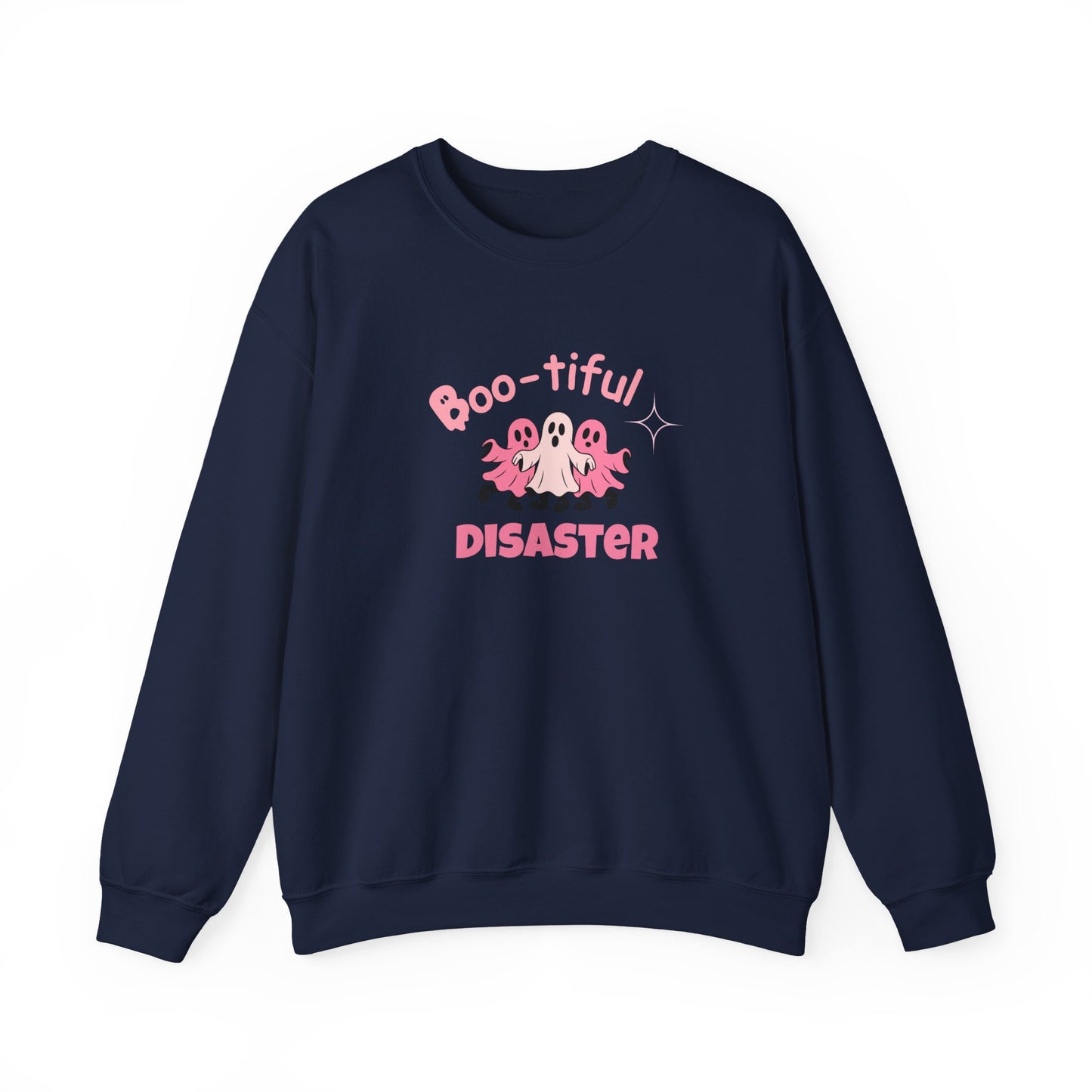 Navy blue sweatshirt with 'Boo-tiful Disaster' text and ghost graphic on a white background