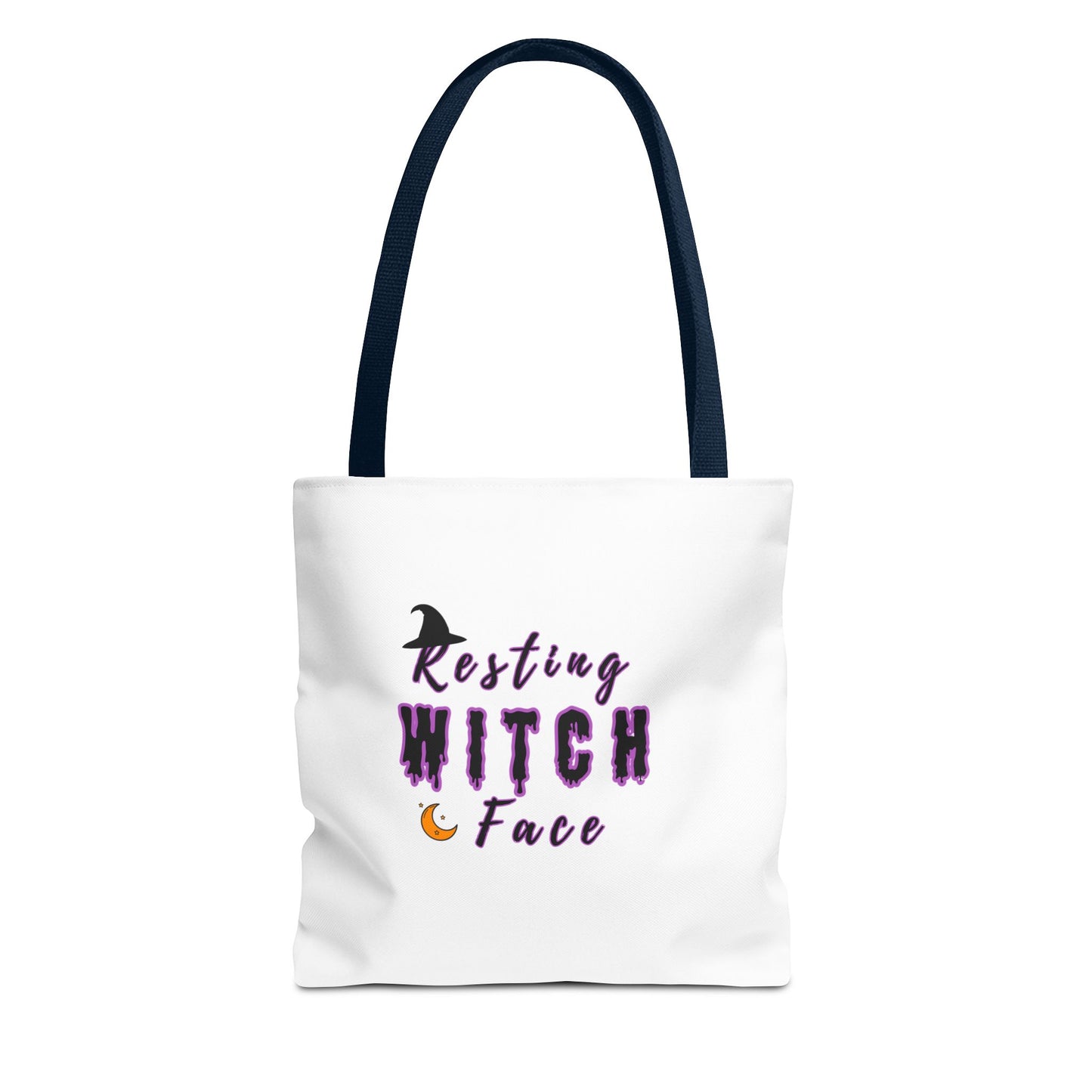 White tote bag with navy handle and 'Resting Witch Face' text on a white background