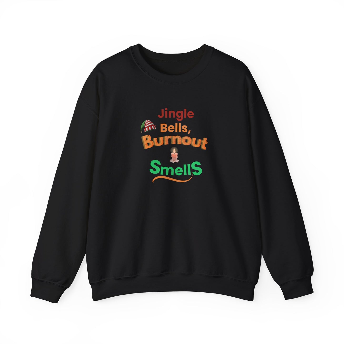 Black sweatshirt with colorful text and graphics on a white background