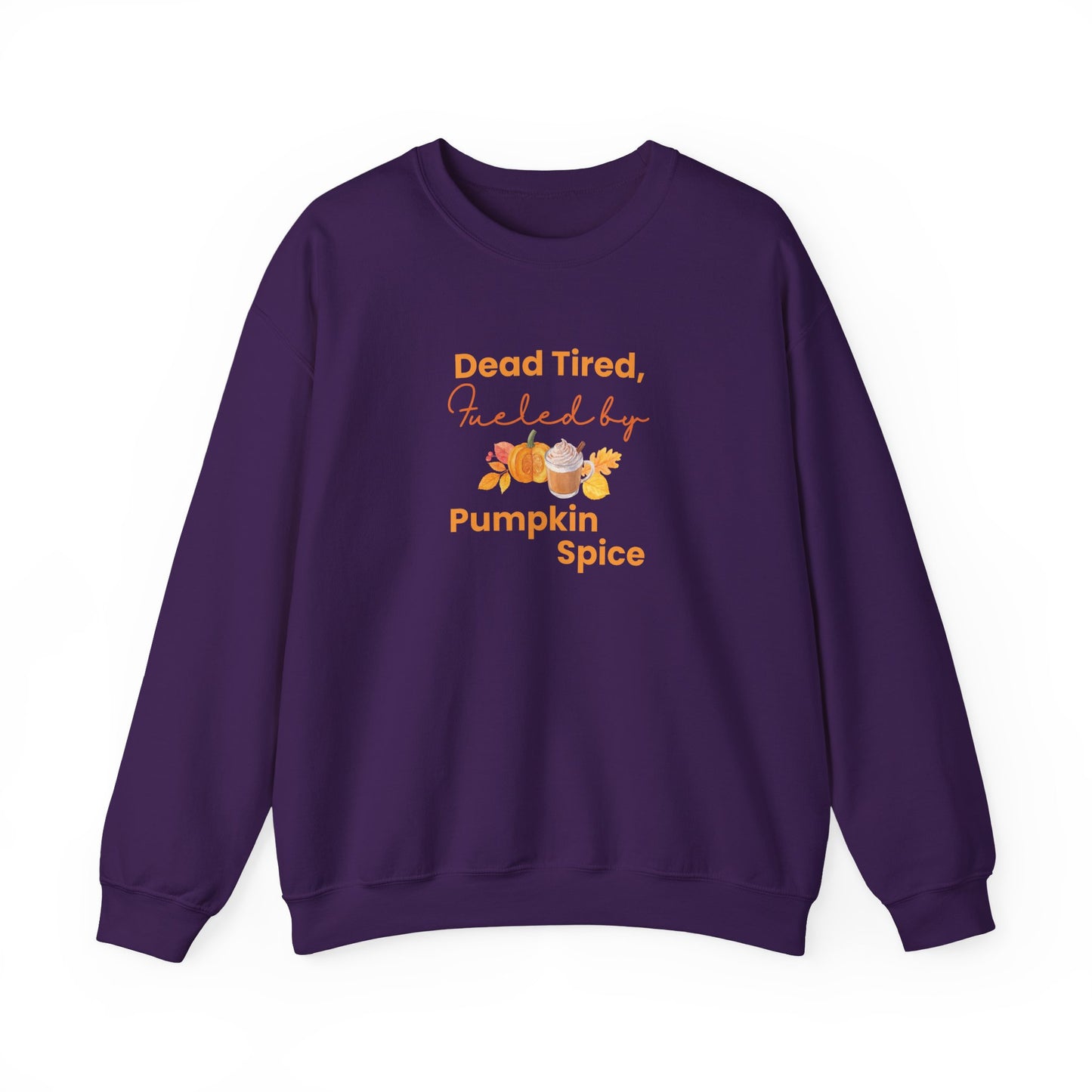 Purple sweatshirt with text and pumpkin graphics on a white background
