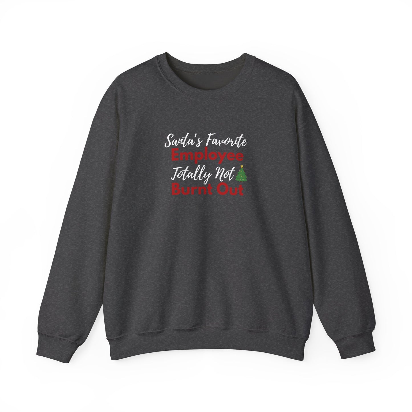 Dark gray sweatshirt with Christmas-themed text on a white background