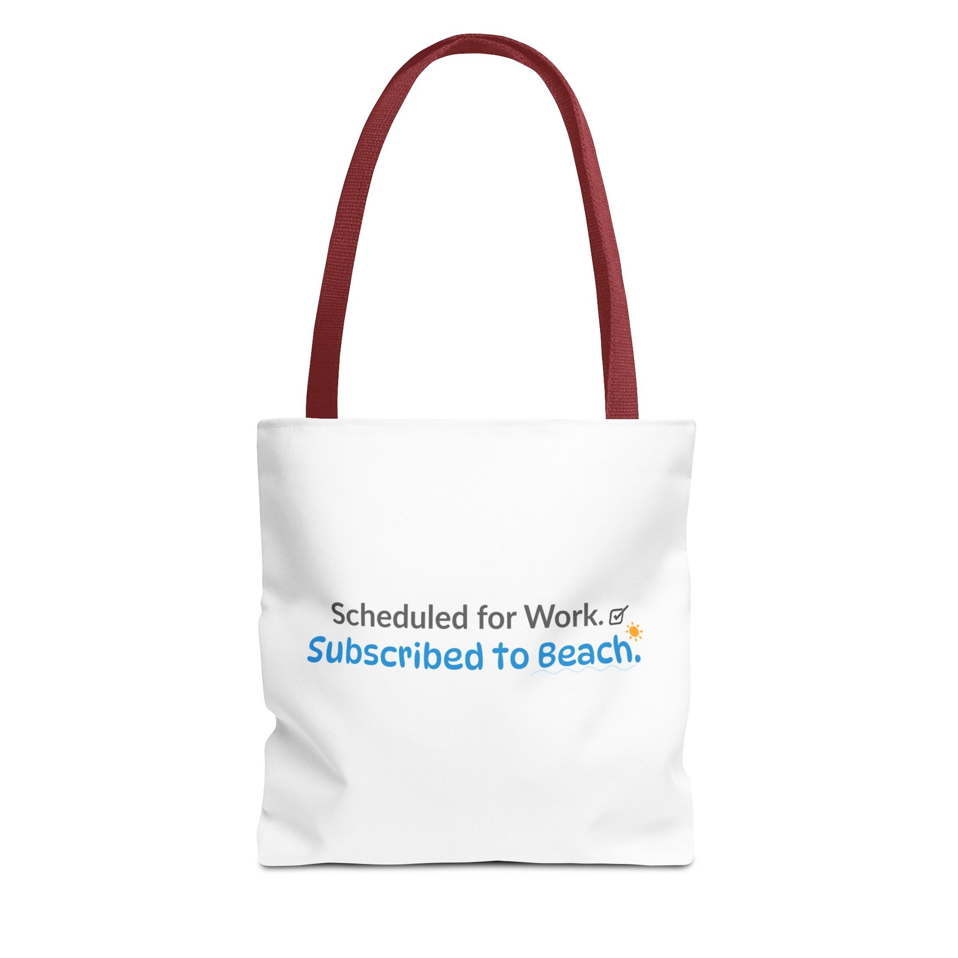 White tote bag with red handle and humorous text on a white background