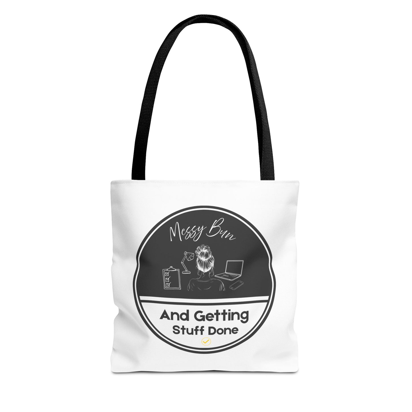 Messy bun tote bag with black handle