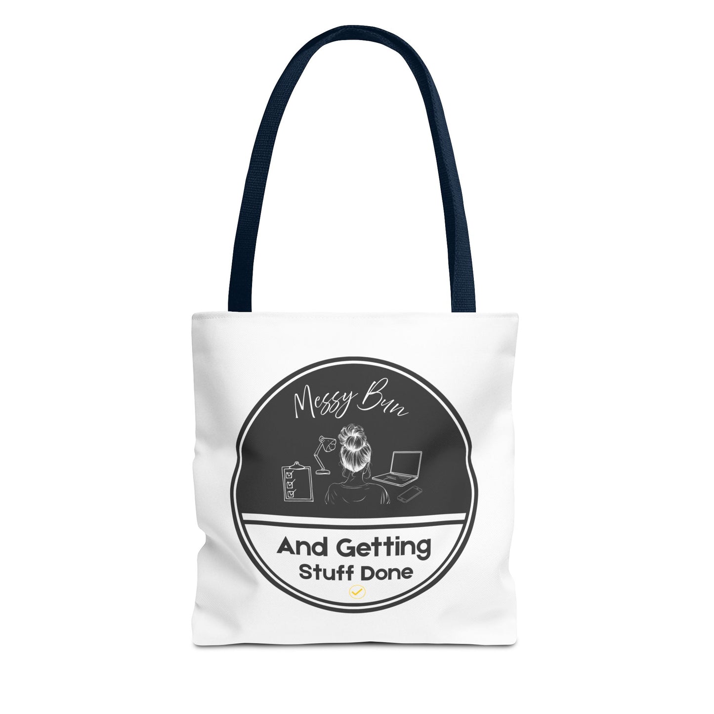 Messy bun tote bag with navy handle
