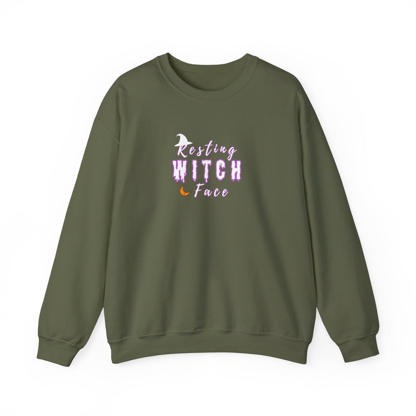 Green sweatshirt with 'Resting Witch Face' text on a white background