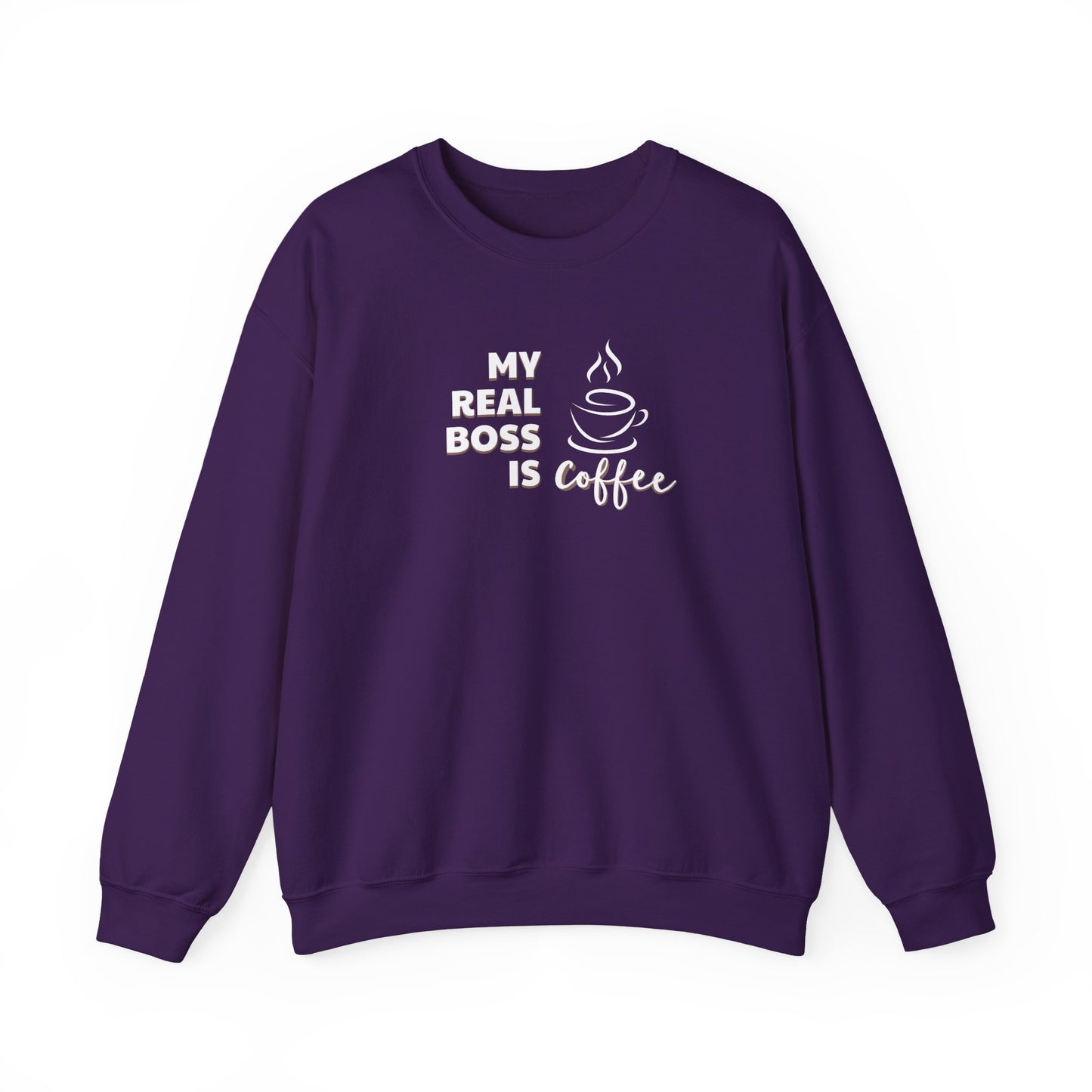 Purple sweatshirt with white text 'My Real Boss is Coffee' on a white background