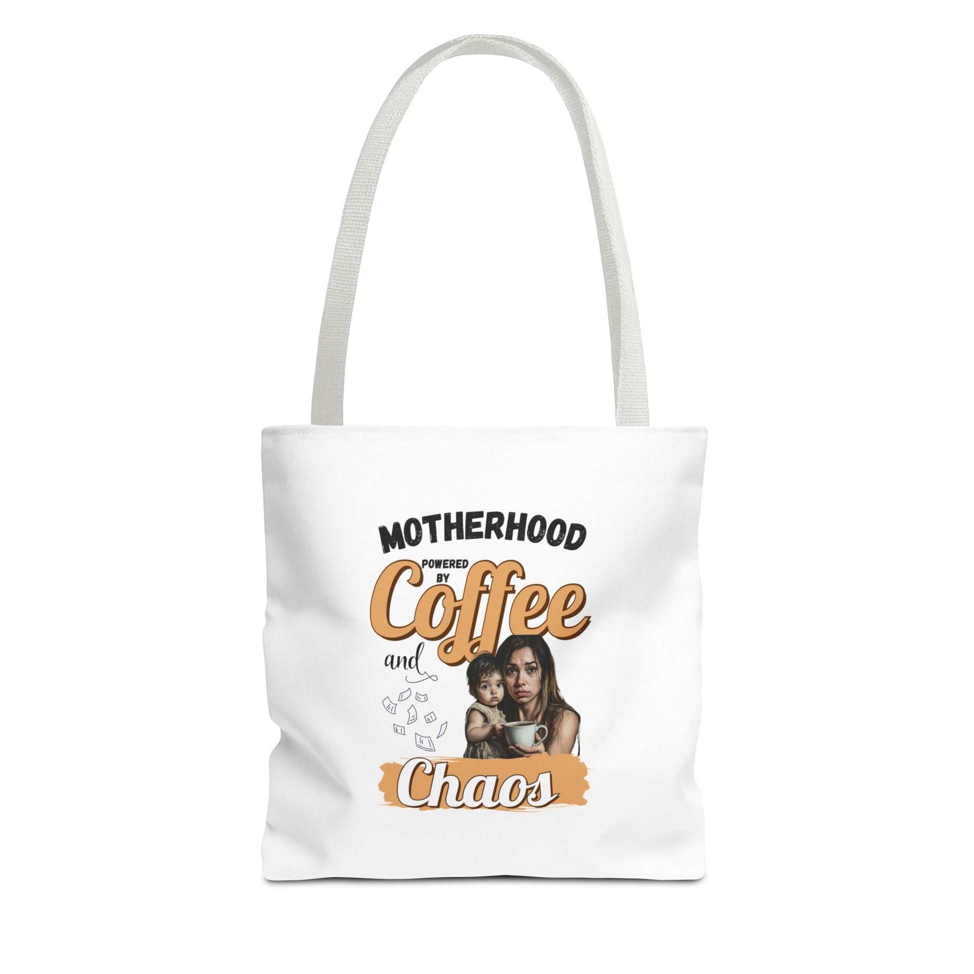 Tote bag with white handle and 'Motherhood powered by Coffee and Chaos' text on a white background