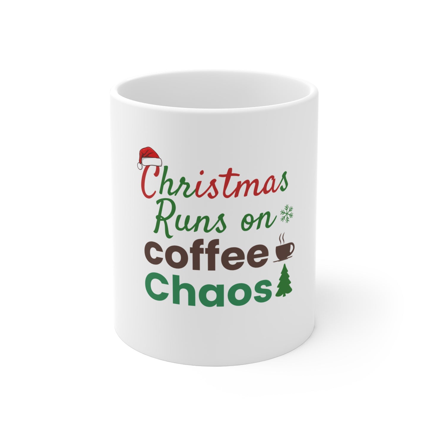 White mug with text 'Christmas runs on coffee and chaos' on a white background