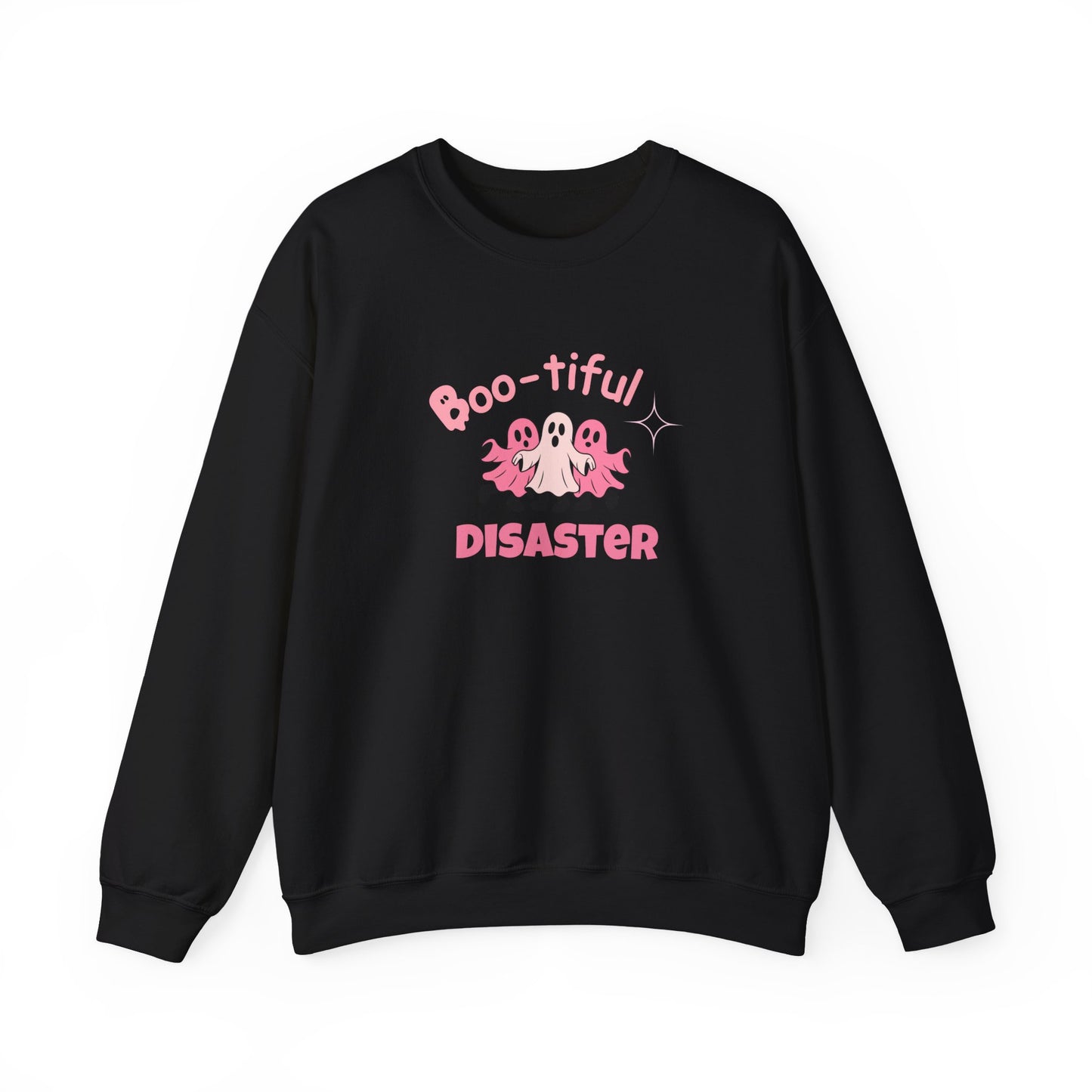Black sweatshirt with text 'Boo-tiful Disaster' and ghost graphic on a white background
