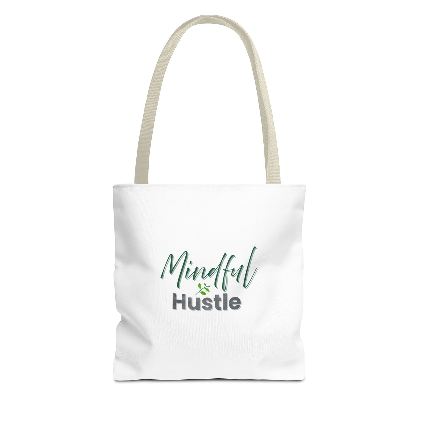 White tote bag with 'Mindful Hustle' text and beige handles on a white background