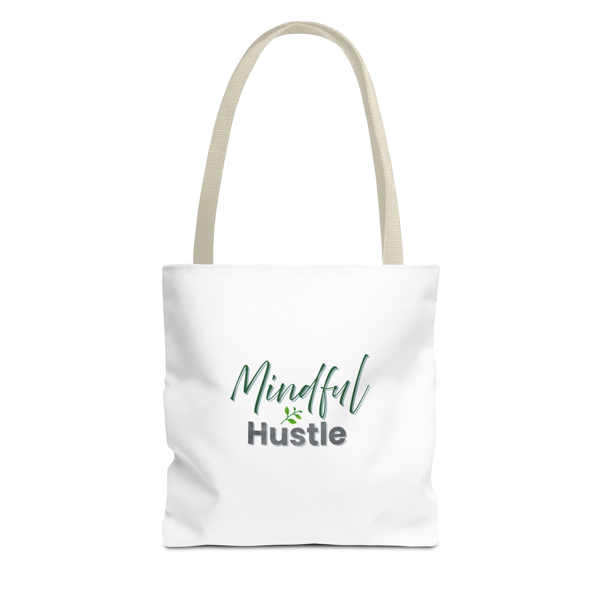 White tote bag with 'Mindful Hustle' text and beige handles on a white background
