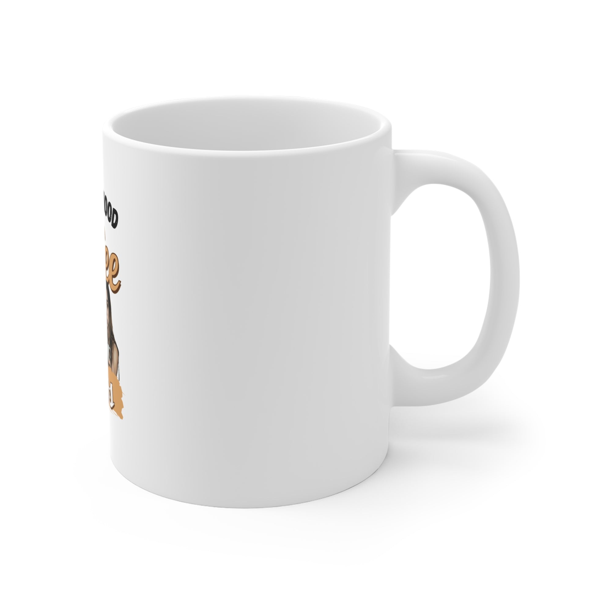 Righr sside view of white mug with a printed design: Motherhood Powered by Coffee and Chaos on a white background