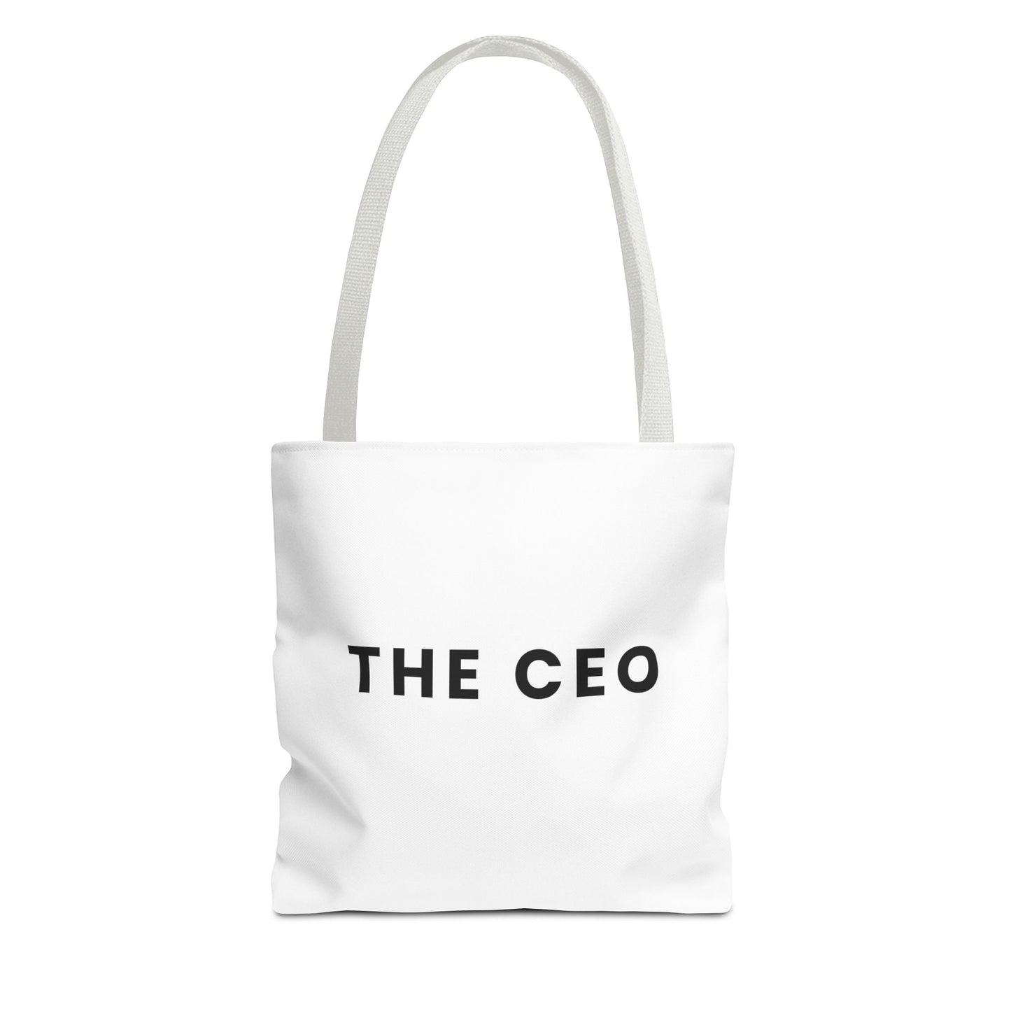 White tote bag with 'THE CEO' text and white handles on a white background