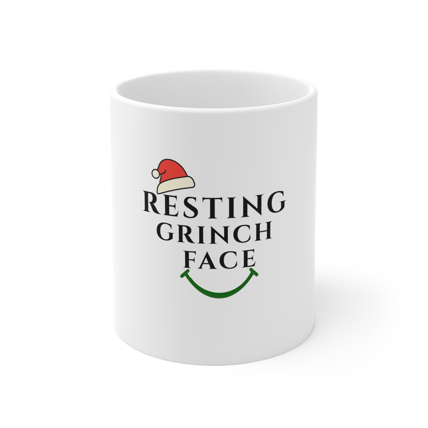 White mug with 'Resting Grinch Face' text and Santa hat design on a white background