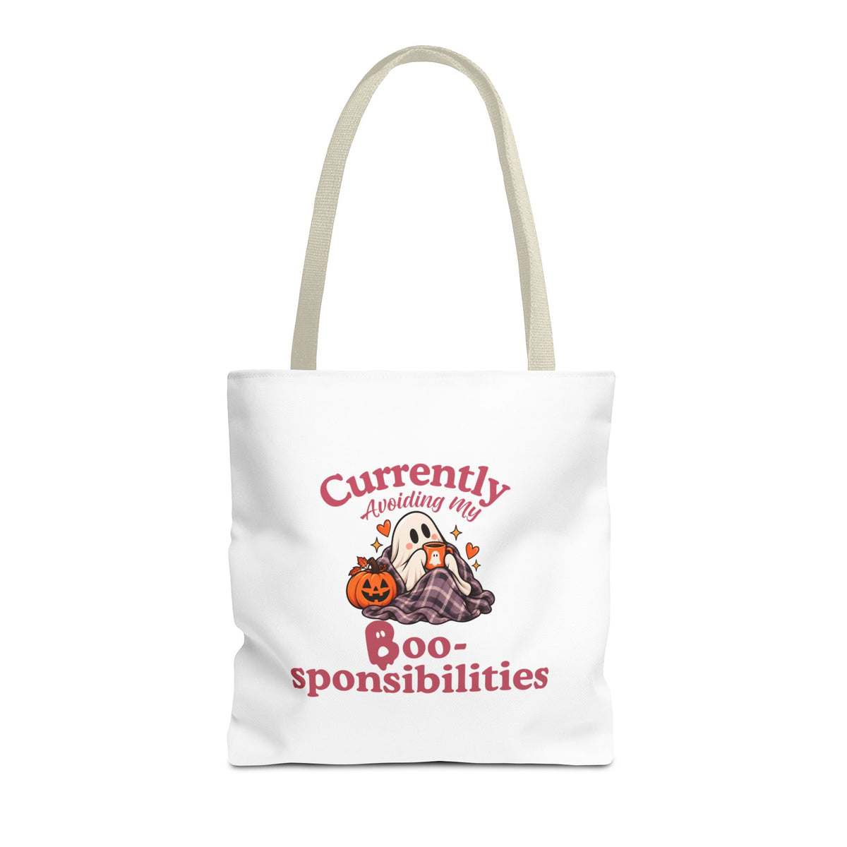 A white canvas tote bag with beige shoulder straps, featuring a Halloween graphic of a ghost in a plaid blanket with the text 'Currently Avoiding My Boo-sponsibilities' in pink lettering.