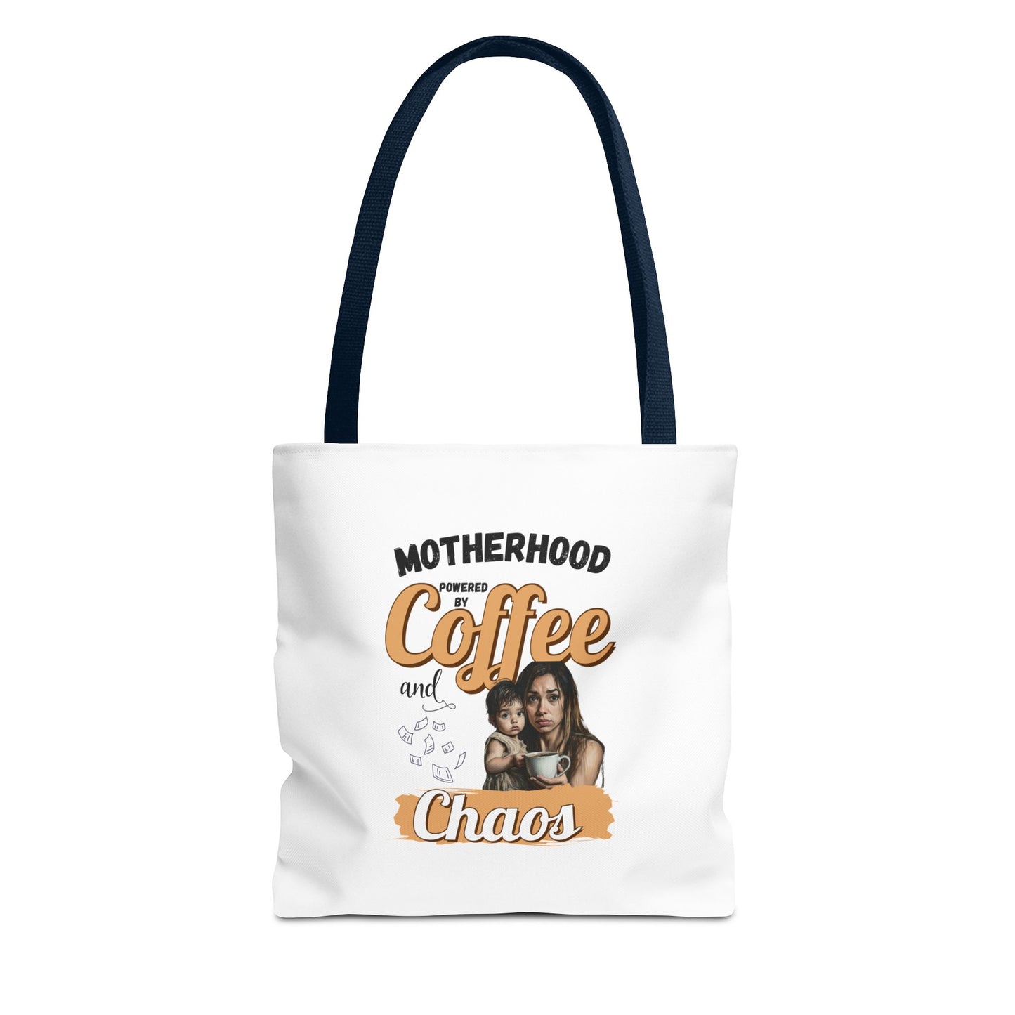 Tote bag with navy handle and 'Motherhood powered by Coffee and Chaos' text on a white background