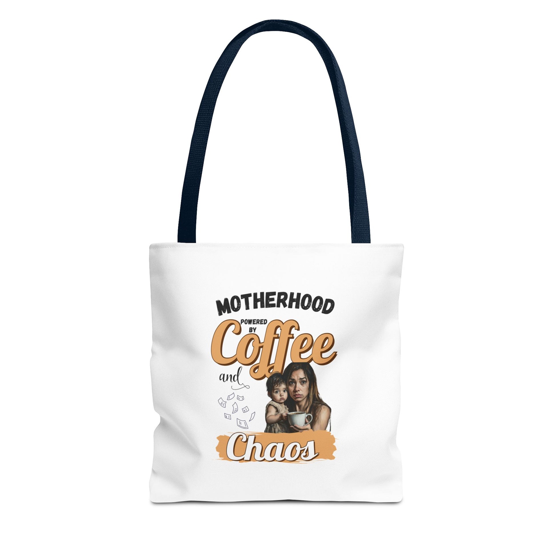 Tote bag with navy handle and 'Motherhood powered by Coffee and Chaos' text on a white background