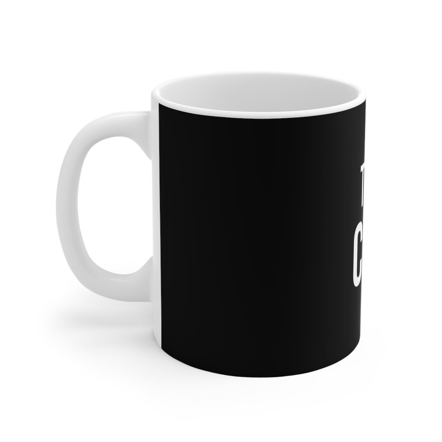 Left side view of black mug with white text on a white background