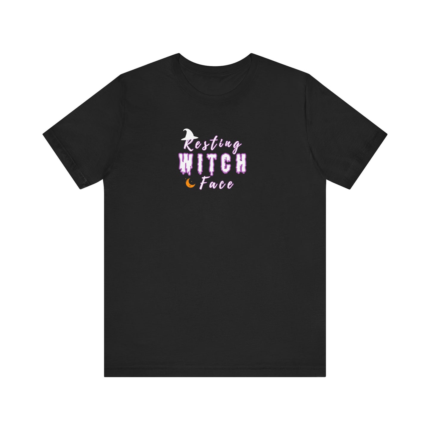 Black t-shirt with 'Resting Witch Face' text on a white background