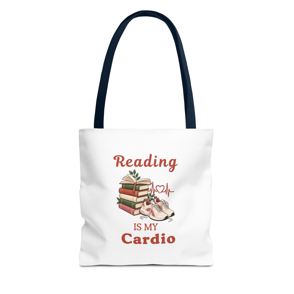 A white tote bag with navy shoulder straps, featuring the text 'Reading IS MY Cardio' against on a white background