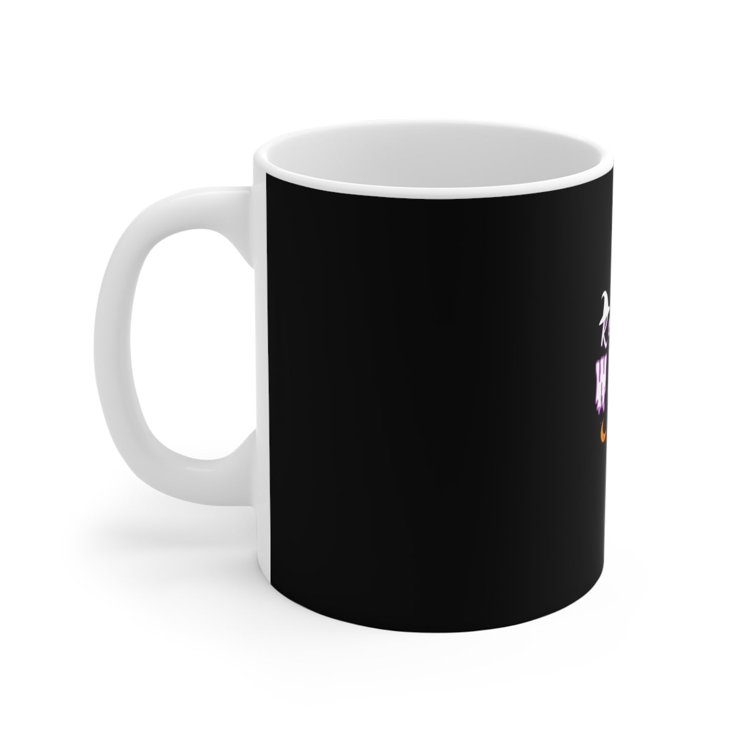 Left side view of black mug with a white handle on a white background