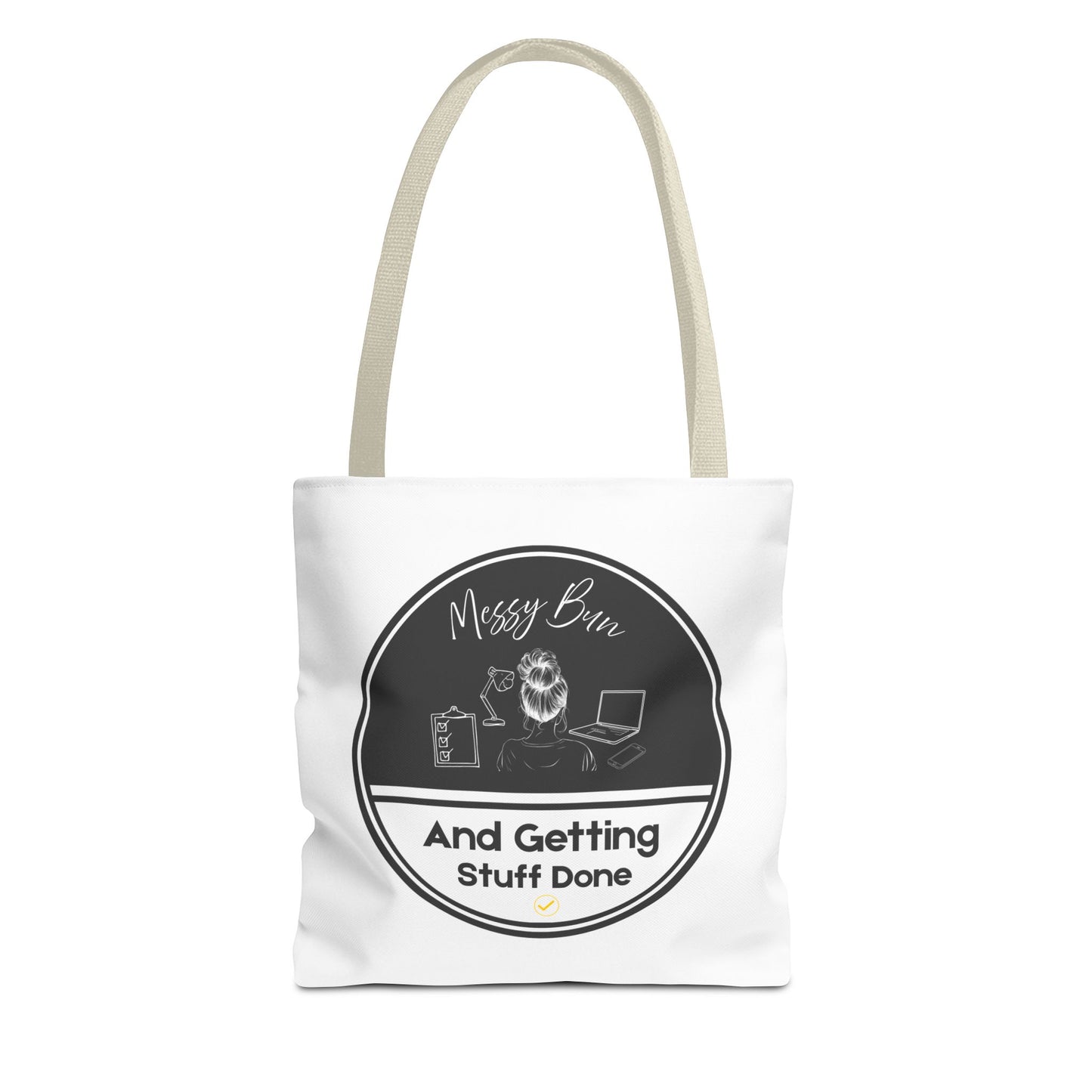 Messy bun tote bag with beige handle