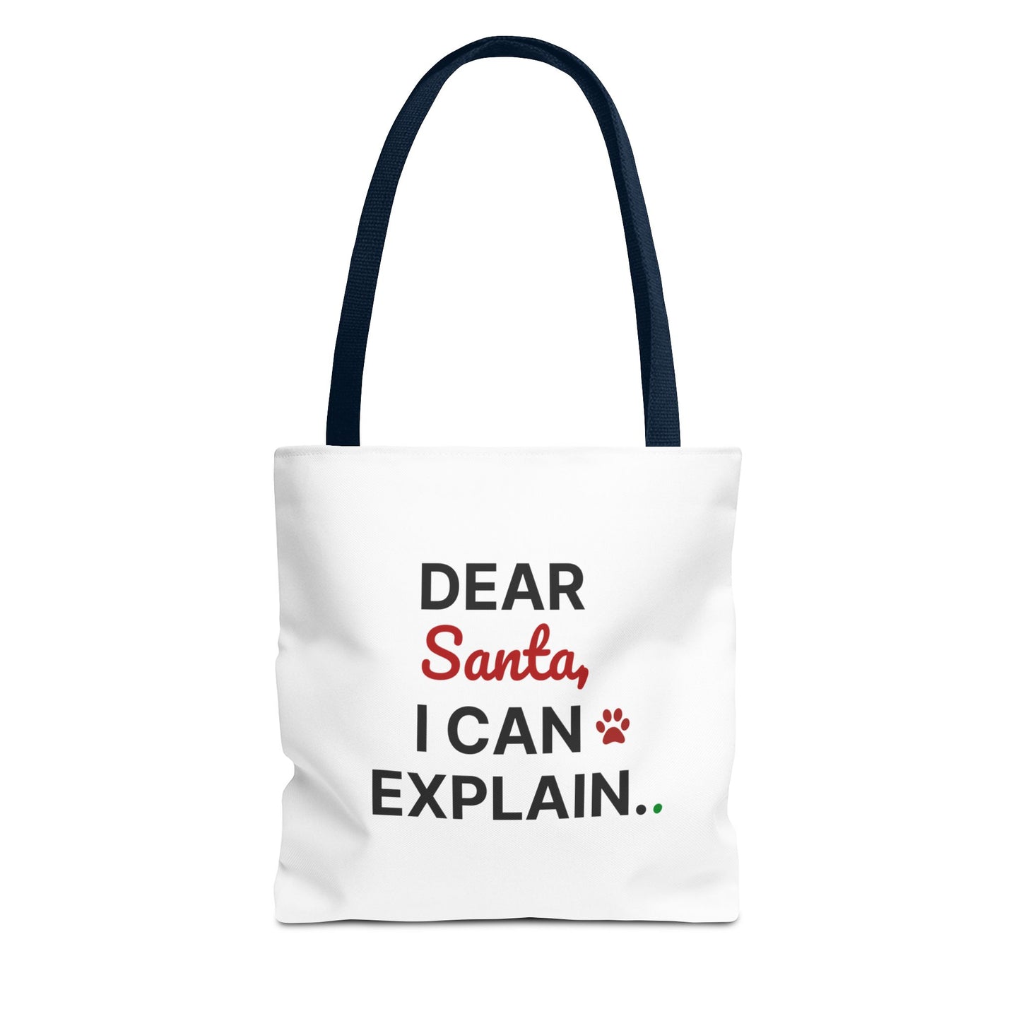 Tote bag with navy handle and 'Dear Santa, I can explain' text on a white background