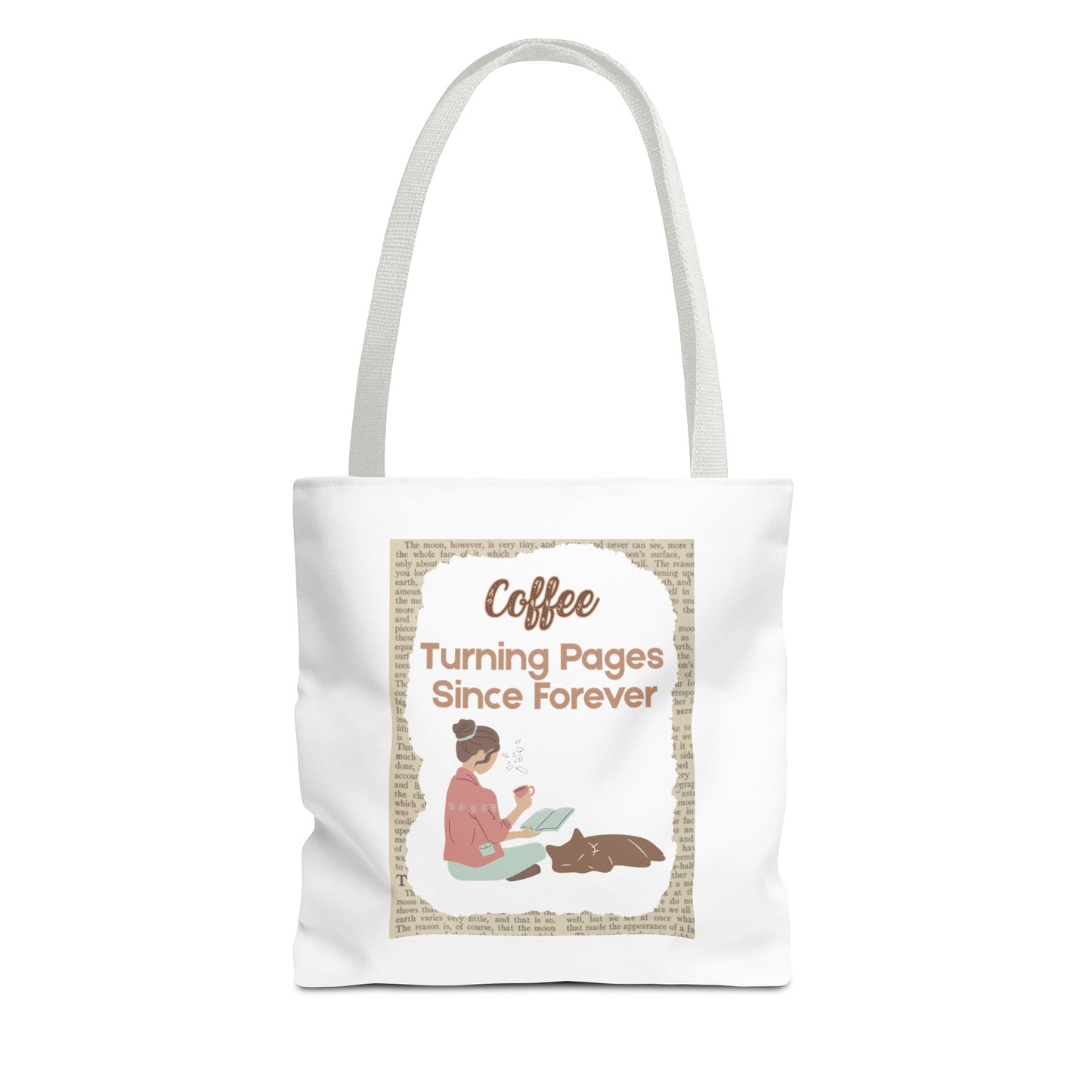 tote bag with white handles has the design: Coffee: Turning Pages Since Forever