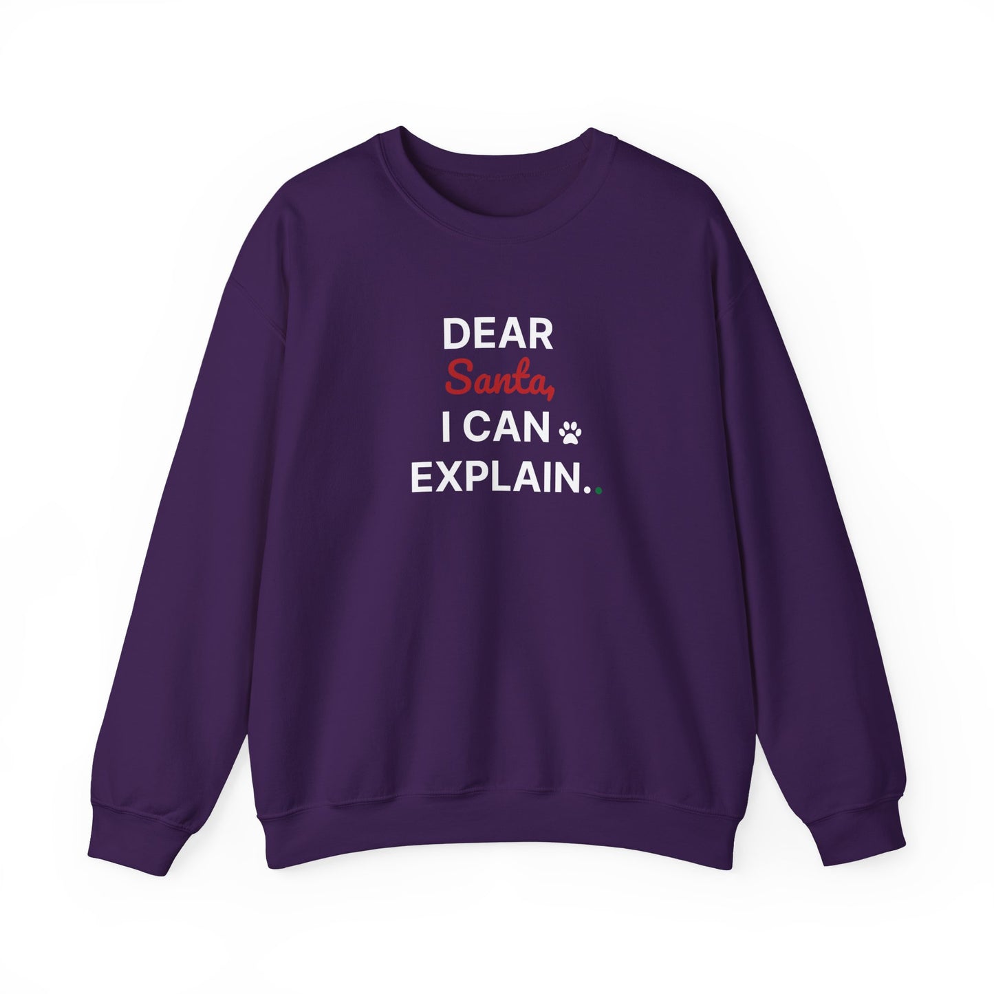 Purple sweatshirt with text 'DEAR Santa, I CAN EXPLAIN.' on a white background