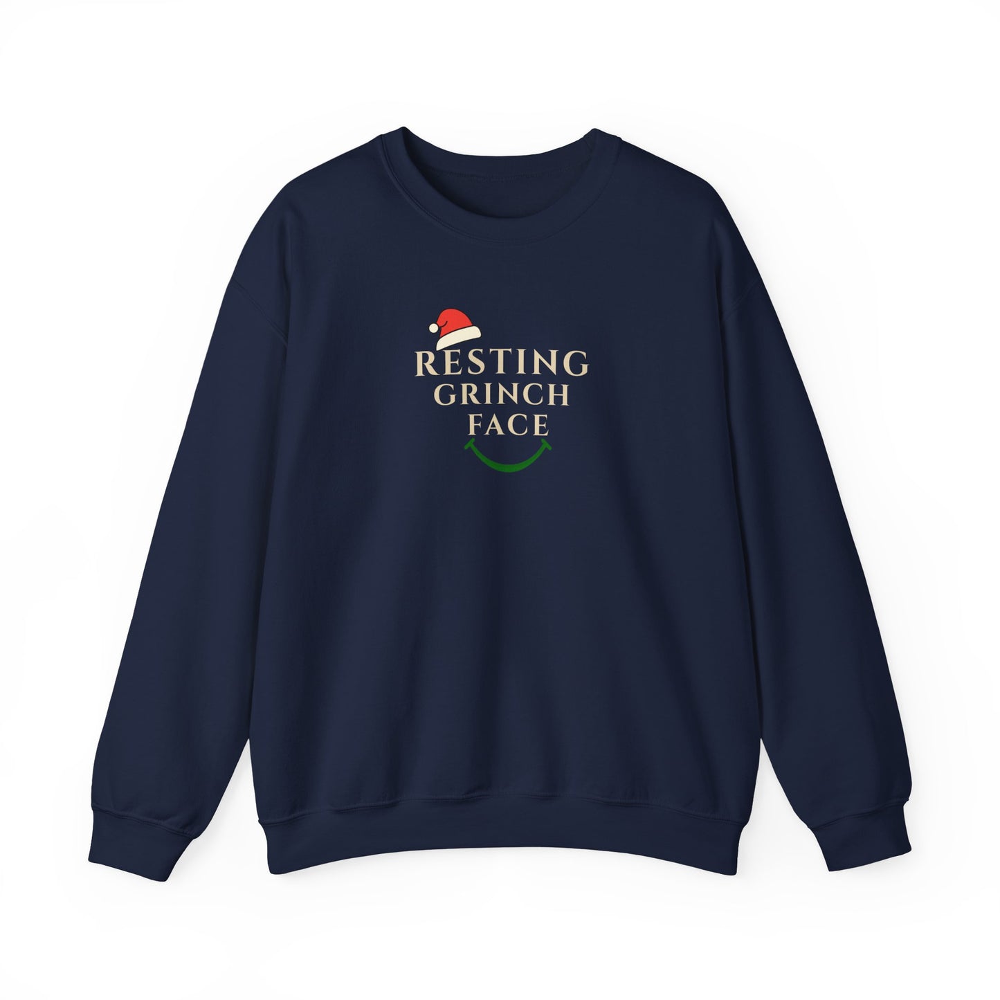 Navy blue sweatshirt with 'Resting Grinch Face' text and graphic on a white background