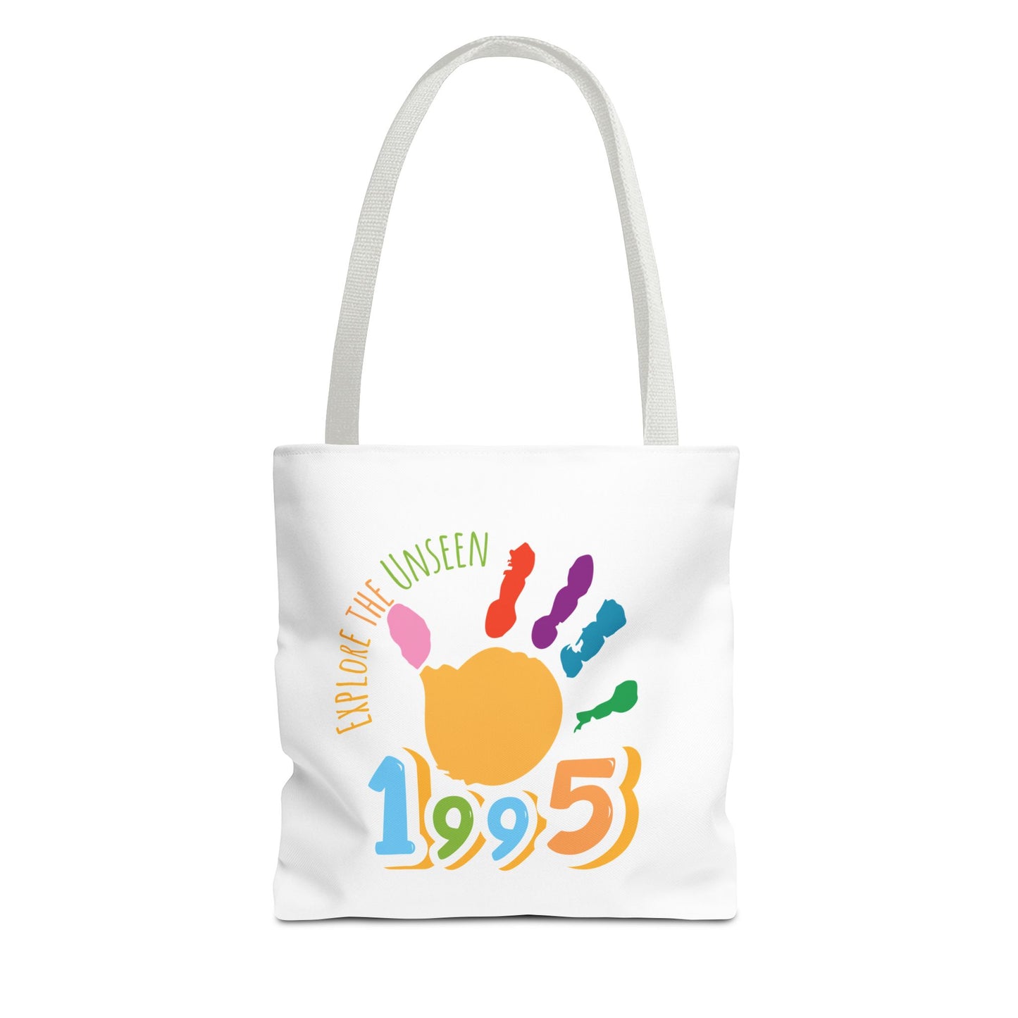 Explore the Unseen 1995 Tote Bag - Colorful Handprint Design