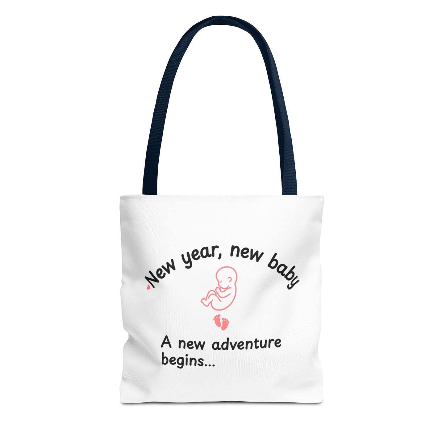 A white tote bag with navy handle featuring the text 'New year, new baby. A new adventure begins...' on white background