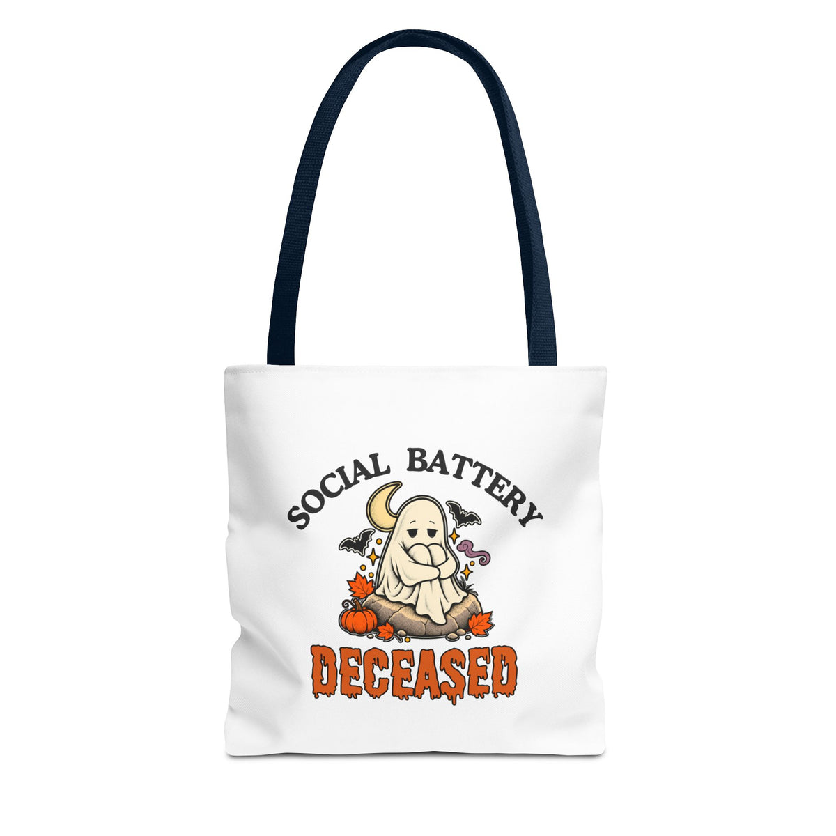 A white tote bag with navy handles, featuring a 'Social Battery: Deceased' graphic with a ghost sitting on a rock