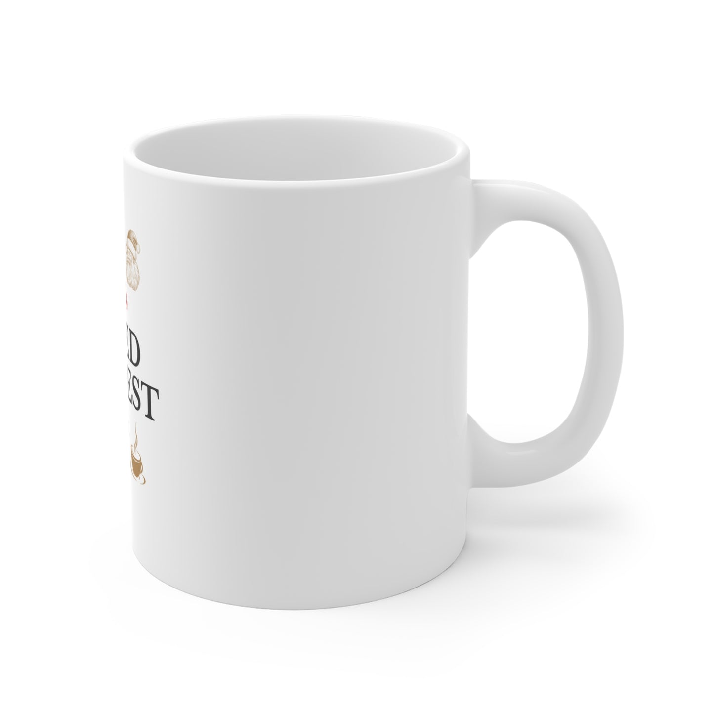 Right side view of white mug with text 'Dear Santa, I tried my best (at work & life)' and a graphic on a white background