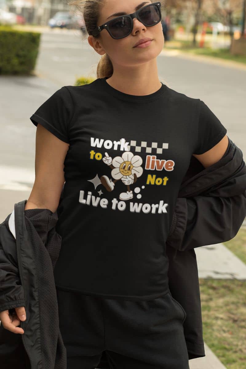 Balanced life quote t-shirt with a girl standing posing on the side of the road with glasses and jacket pulled down her back