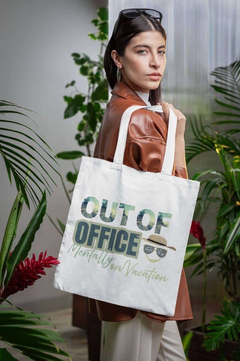 Beach tote bag with girl posing with tote bag