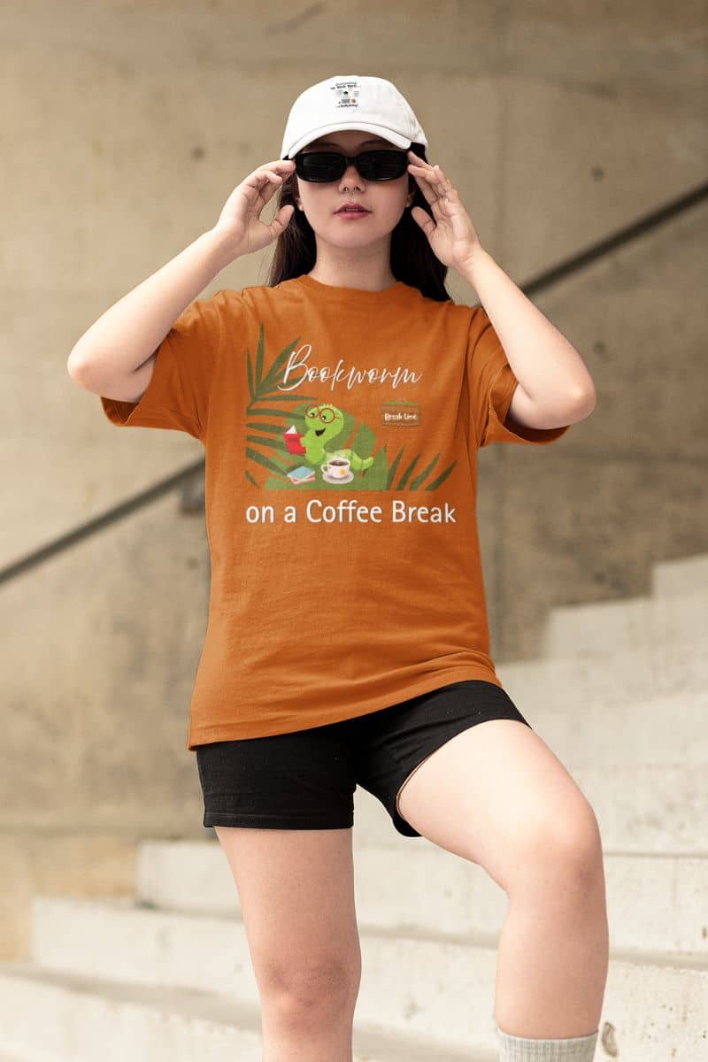 Bookworm coffee break t-shirt with a young girl posing on the stairs